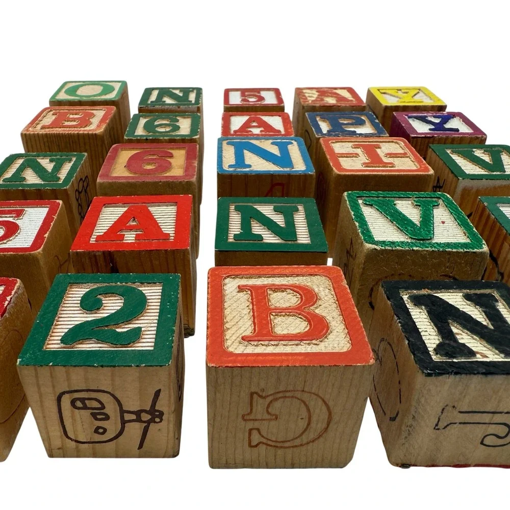 Vintage Wooden Alphabet Blocks Set Carved Letters Numbers‎ Animals 1.2